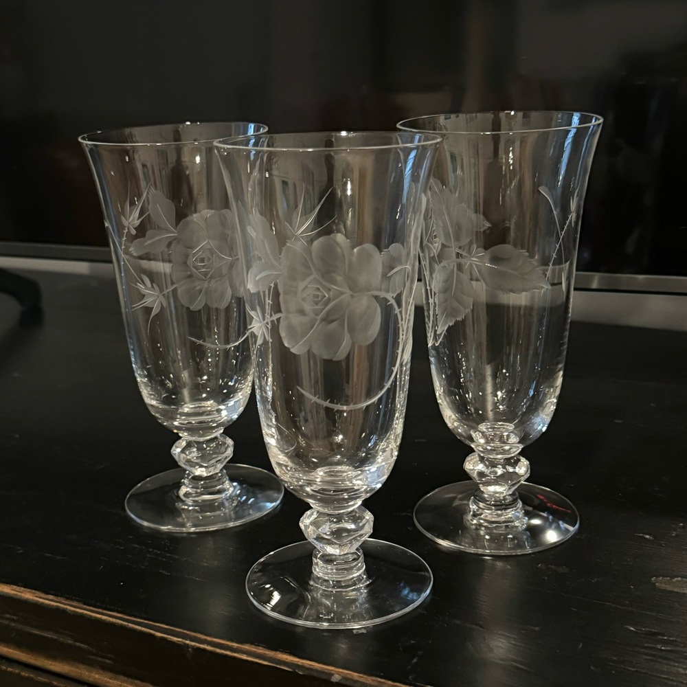 3/ Dolly Madison Rose by HEISEY Stem Iced Tea Footed Tumbler.